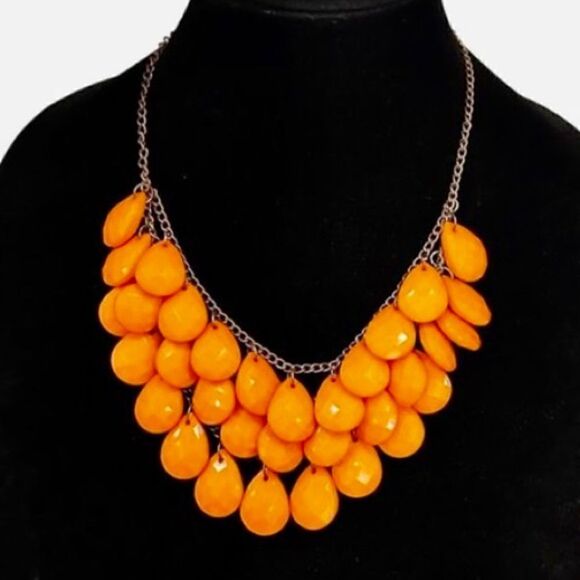 Teardrop Bib Necklace Women's 16" Tangerine Orange Fashion Statement Vintage - Picture 4 of 5